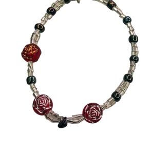 White w/ Red Rose Beaded Bracelet